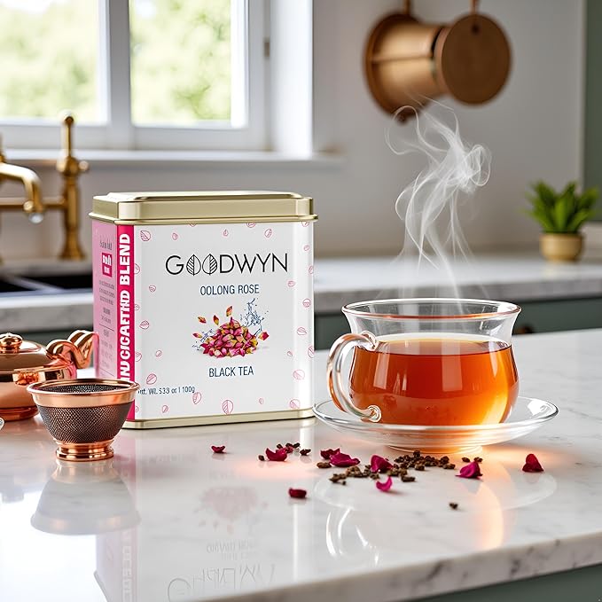 Goodwyn Oolong Rose Tea Loose Leaf – 50 Cups (100g / 3.5 oz) Premium Oolong Black Tea with Real Rose Petals, Medium Caffeine, Floral & Aromatic Blend in Reusable Tin, Sugar-Free Indian-Origin Tea, Perfect for Gifting