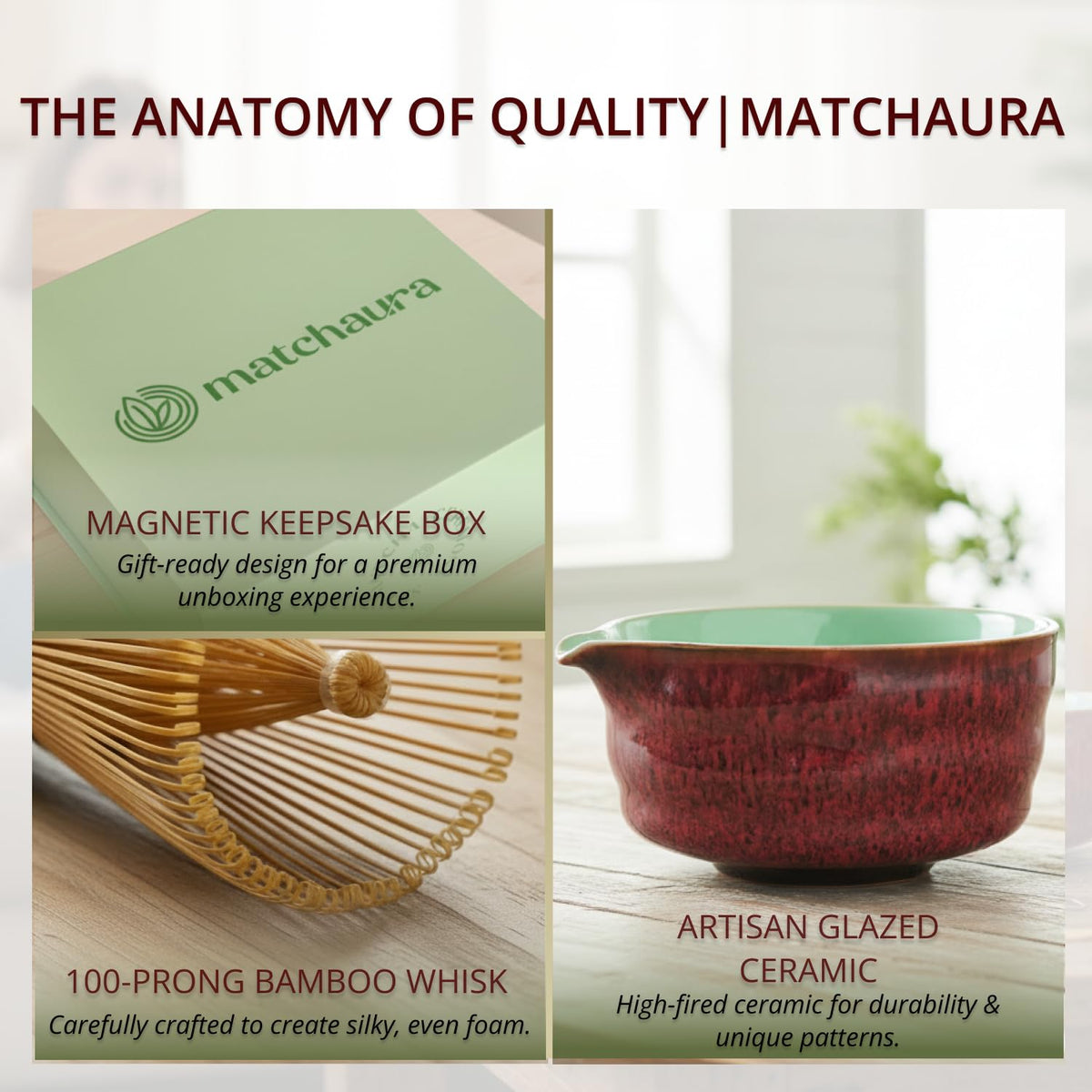 MATCHAURA Premium Matcha Whisk Set with Spouted Ceramic Bowl – 5-Piece Matcha Kit with Bamboo Whisk, Holder, Sifter & Scoop –