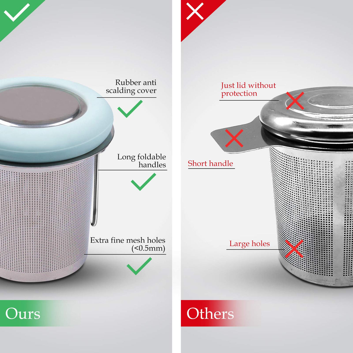 Fenshine Tea Infuser Stainless Steel Tea Strainer Folding Handle Tea Filter Extra Fine Mesh Strainer Brewing Basket with Lid
