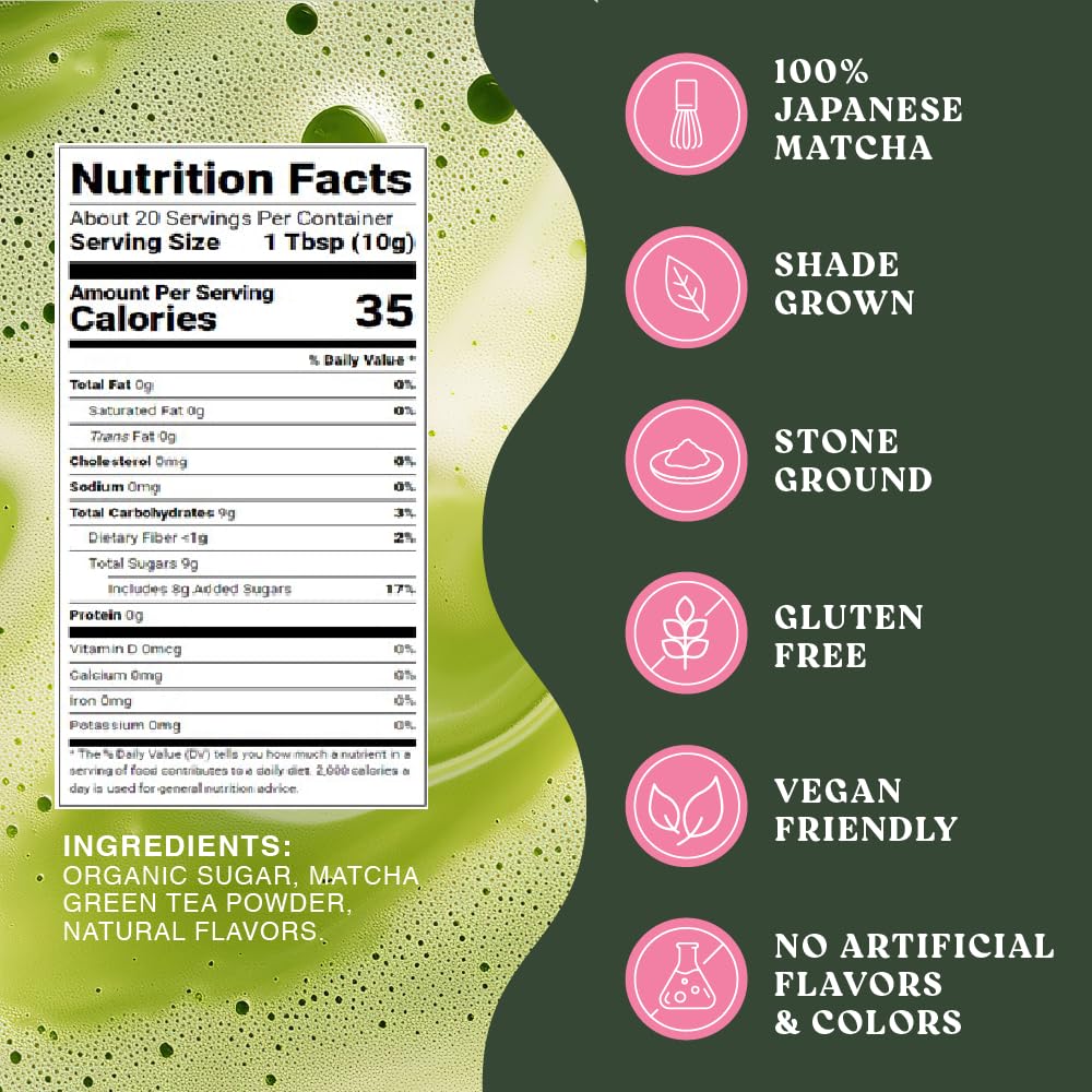 The Harmony Matcha Strawberry (7.05oz Bag - 20 Servings) Premium Japanese Matcha Powder, Rich in Antioxidants & L-Theanine, Sweetened with Organic Sugar, No Preservatives
