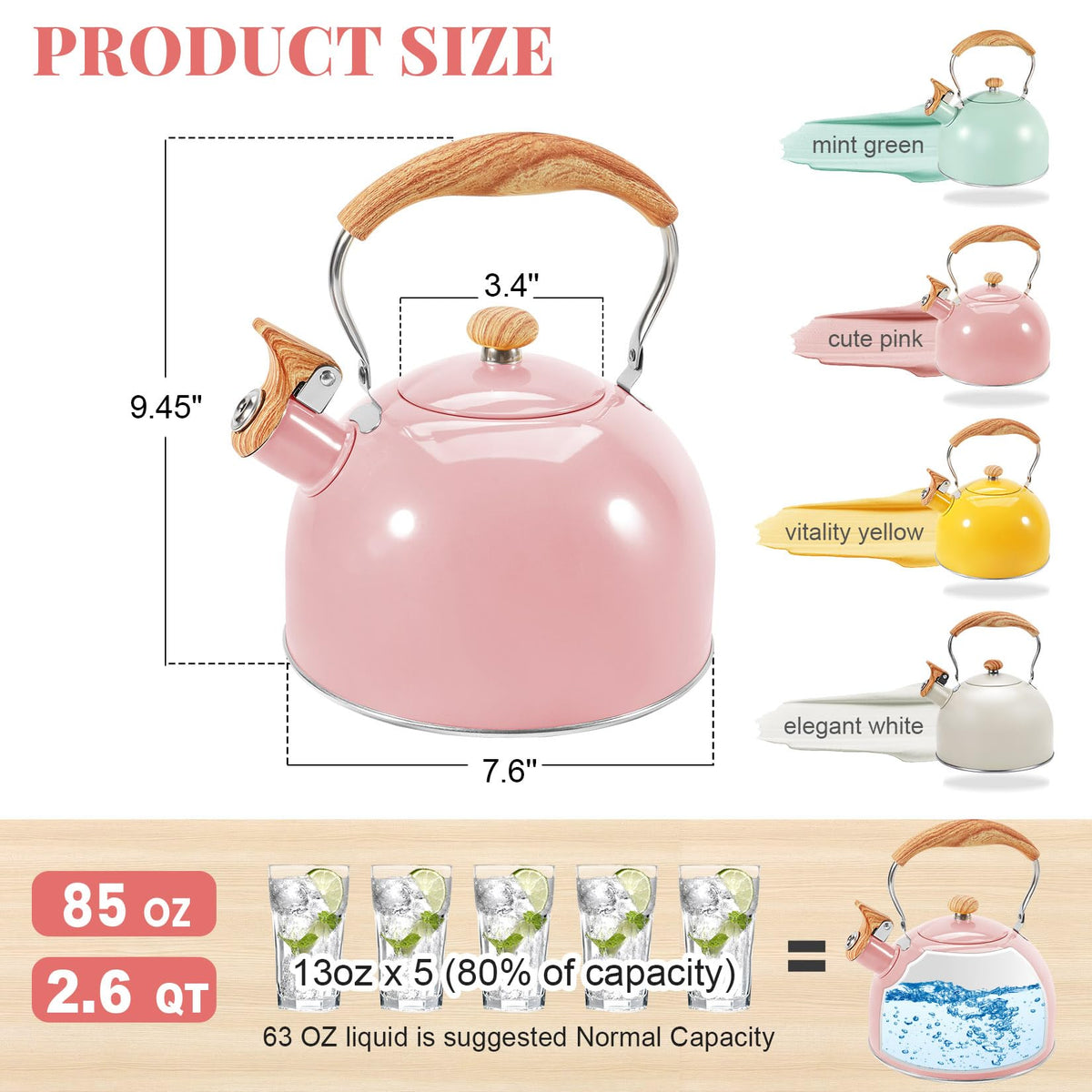 GGC Whistling Tea Kettle for Stove Top, 85OZ/2.6QT Stainless Steel Tea Pot