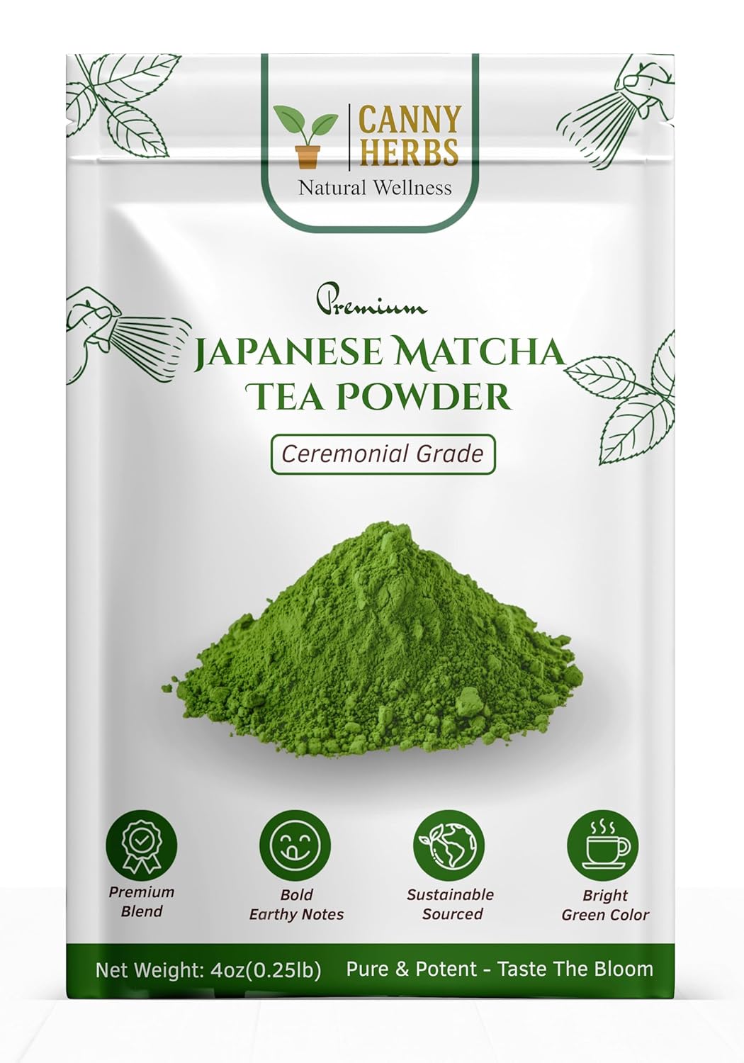 Canny Herbs Matcha Tea Powder 4oz, Japanese Ceremonial Grade, Green Tea Powder, Energy, Calm & Focus, Antioxidant Support