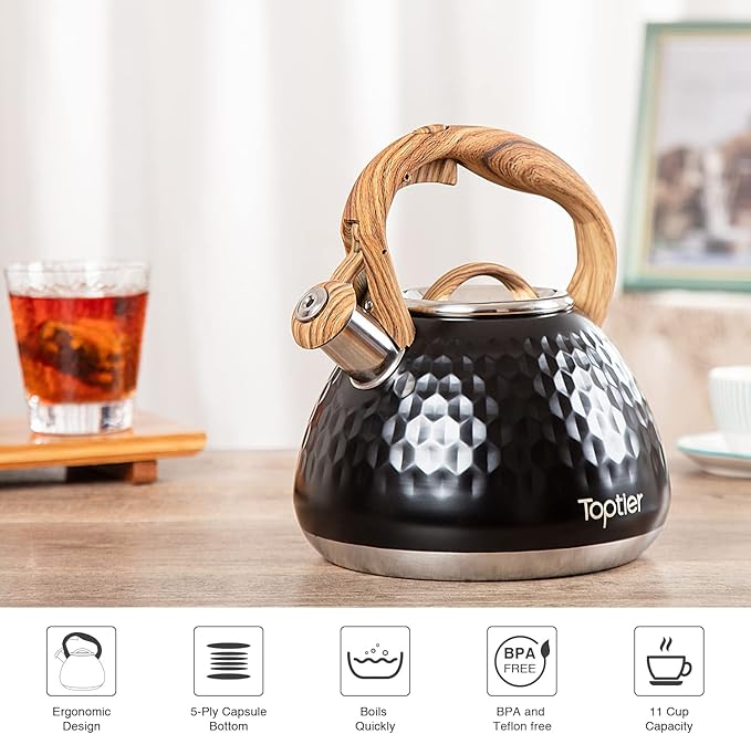 Tea Kettle, Toptier Teapot Whistling Kettle with Wood Pattern Handle Loud Whistle