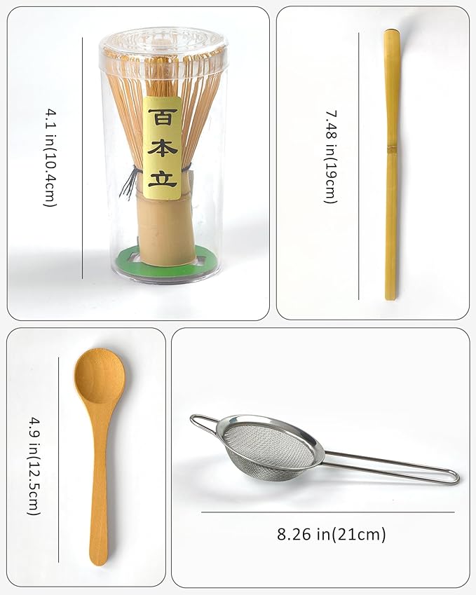 Matcha Whisk Set, 4 Piece Matcha Making Kit Includes Bamboo Whisk (Chasen), Spoon (Chashaku), Stainless Steel Sifter, Teaspoon