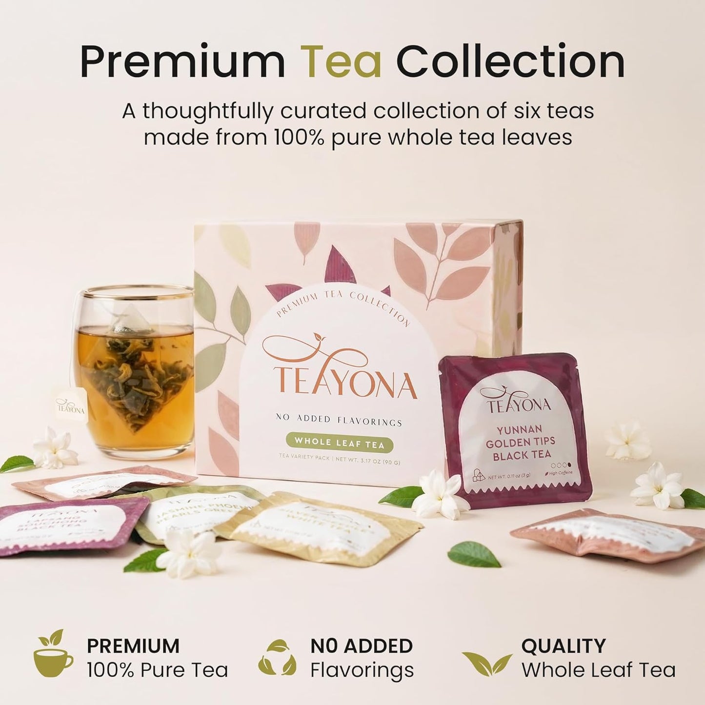 Teayona Premium Tea Variety Pack – 30 Whole Leaf Tea Sachets, 6 Varieties, Sampler (Green, Black, Oolong, White) – Tea Box for Tea Lovers, Tea Gift Set