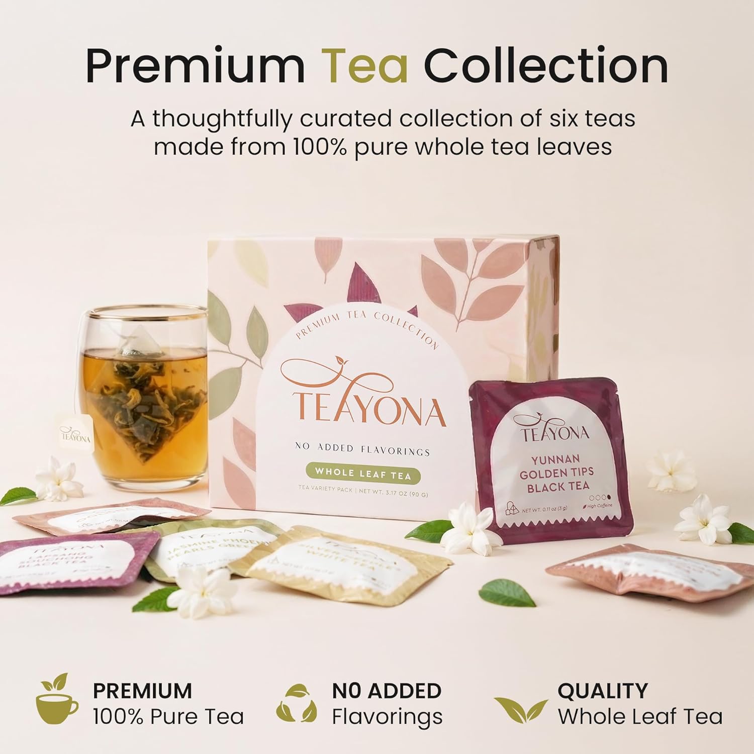 Teayona Premium Tea Variety Pack – 30 Whole Leaf Tea Sachets, 6 Varieties, Sampler (Green, Black, Oolong, White) – Tea Box for Tea Lovers, Tea Gift Set
