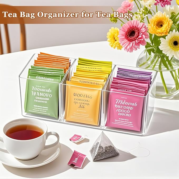 Tea Bag Organizer - Holds 60 Tea Bags, 3 Compartments, Transparent Design, Tea bag Holder Hooks for Storage Cabinet and Kitchen Pantry (1)