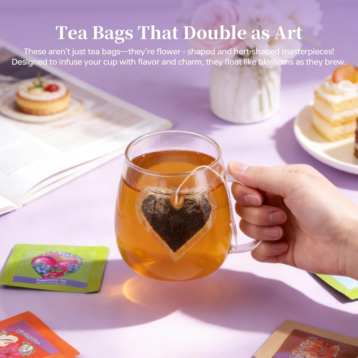Novelty Tea Bags - 10 Count (5 Heart + 5 Flower Shaped) | 5 Unique Flavors Tea Sampler, Floral-Themed Gift Set for Tea Lovers