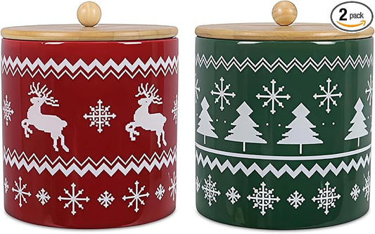 Young's Ceramic Christmas Cookie & Goodie Jar with Airtight Wooden Lid,Set of 2 – Festive Red & Green Holiday Treat Storage for Cookies, Candy, Snacks, and Winter Kitchen Decor,7 Inch