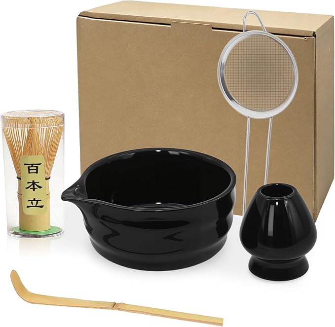 ZaH Matcha Whisk Set Includes Matcha Whisk and Bowl/Ceramics Whisk Holder/Bamboo Tea Scoop/Sifter - Japanese Matcha Set Kit (5pcs), Black