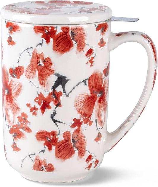 AmorArc Porcelain Tea Mug with Infuser and Lids, 18 Oz Coffee Cup Strainer with Bag Holder for Loose Leaf Tea