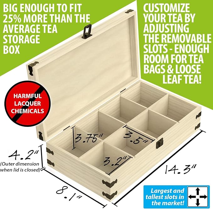 Large Wooden Tea Organizer Box, Big 14" Pine Storage Chest, 8-Slot Tall, Adjustable Shelves, 100% Handmade Craft Eco-Friendly Natural Décor