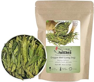 FullChea - Longjing Tea - Dragonwell Tea - Chinese Green Tea Loose Leaf - First Grade - Natural Lung Ching Dragon Well - 4oz / 113g