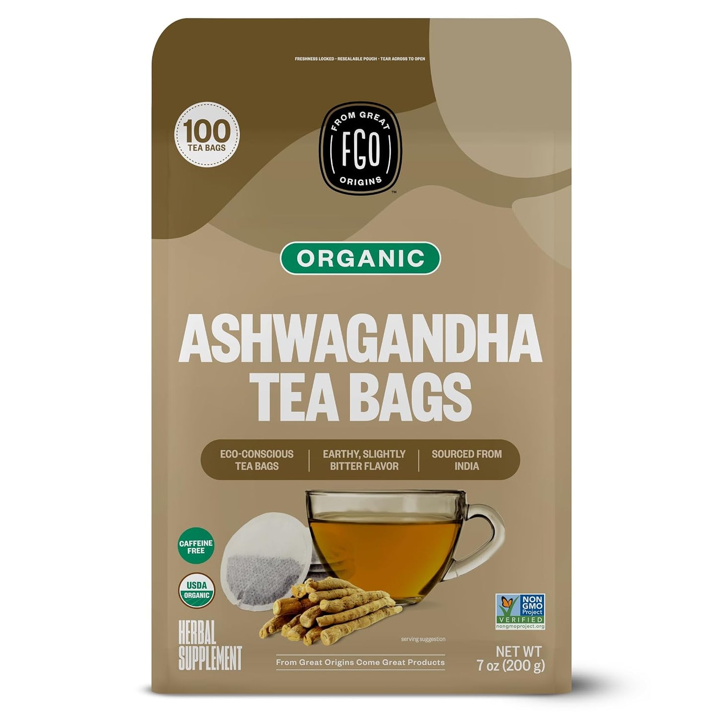 FGO Organic Ashwagandha Tea, 100 Count, Eco-Conscious Tea Bags, Resealable Bag, Packaging May Vary (Pack of 1)