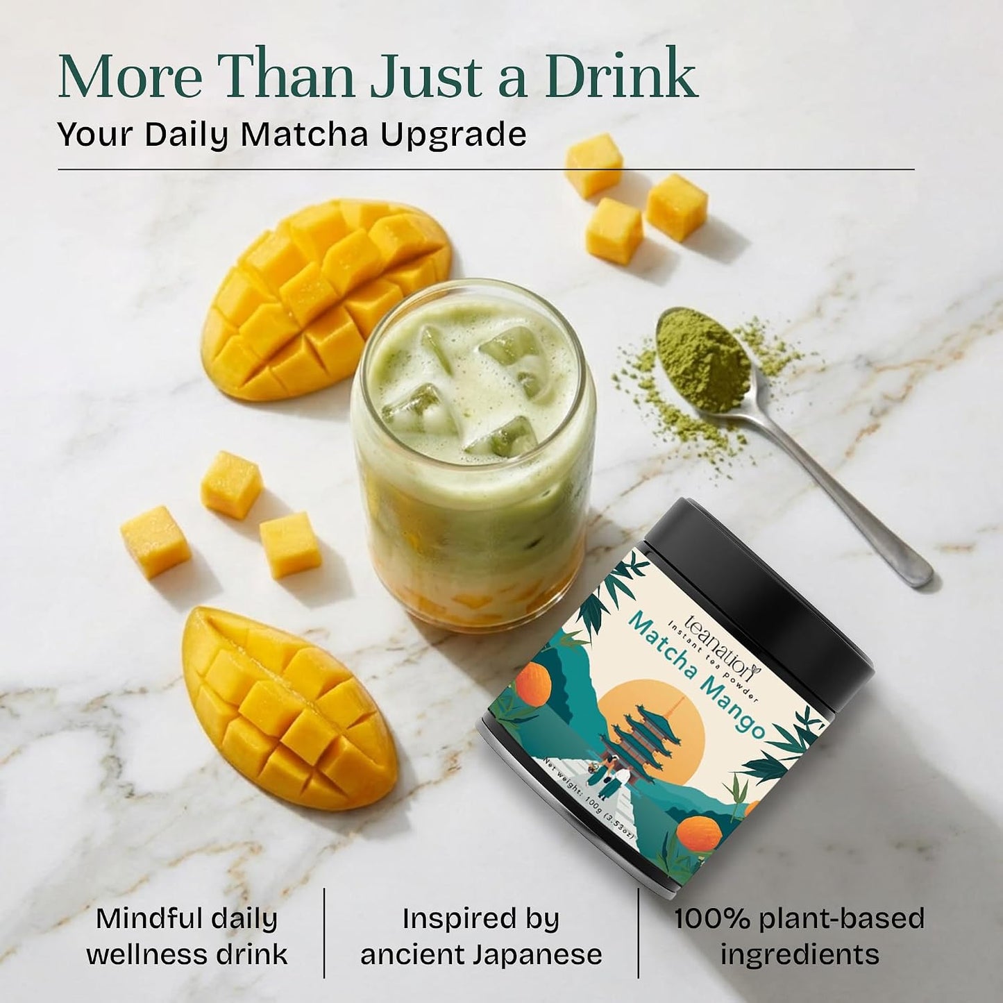 Tea Nation Matcha Mango Latte – Instant Matcha Latte Powder Drink Mix with Real Mango | Mango Green Tea Energy Drink | Smooth Energy Boost | Vegan, No Additives | 100g