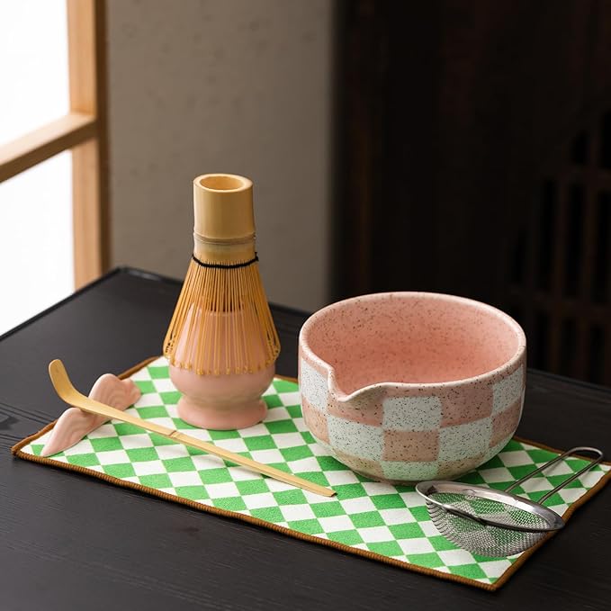 Premium 7-Piece Matcha Tea Set – Traditional Japanese Style with Elegant Grid Pattern, Includes Bamboo Whisk, Ceramic Bowl, Scoop & More