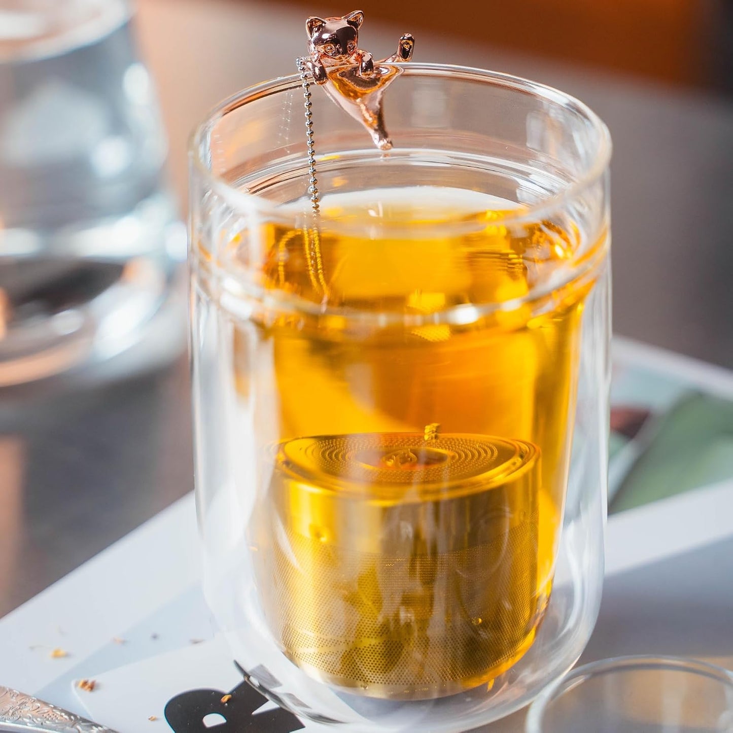 Cat Tea Infuser Stainless Steel with Secure Clip Rose Gold Kitty - Cute Animal Tea Ball Strainer, Reusable Loose Leaf Infuser w/Hanging Clip &amp; Glass Holder Gift for Tea Lovers