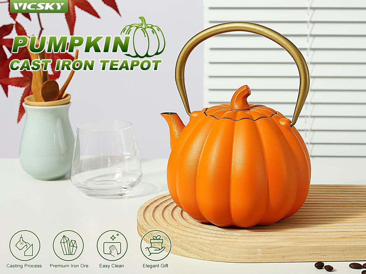 VICSKY Orange Pumpkin Cast Iron Teapot - Japanese Tetsubin Tea Kettle Stovetop Safe | Enameled Interior & Extended Infuser