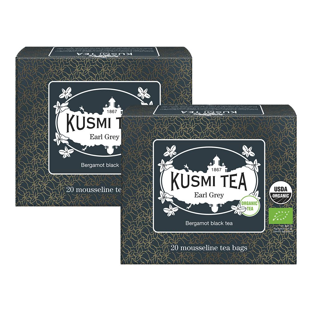 Kusmi Tea - Pack of 2 Boxes of Tea Bags - Earl Grey - Organic Earl Grey Black Tea - Flavored with Italian Bergamot Essential Oil - Strong, Robust, Caffeinated Tea - 2x20 Tea Bags