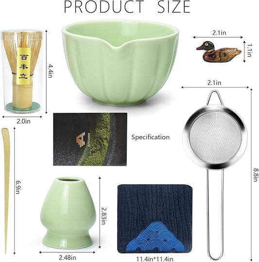 Artcome 7 Pcs Japanese Matcha Tea Set - Matcha Bowl with Pouring Spout, Matcha Whisk, Tea Scoop, Whisk Holder, Handmade Matcha Ceremony Kit For Japanese Tea Ceremony, Green