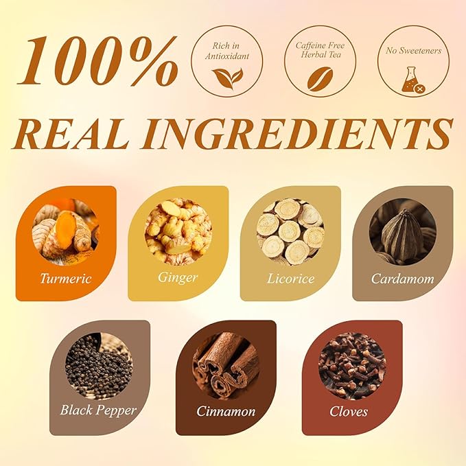 WT Weetee Turmeric Chai Tea Bags, 2g x 100 Count, Caffeine-Free Turmeric Spiced Chai Tea, Includes Cinnamon, Licorice, Ginger Root, Cardamom