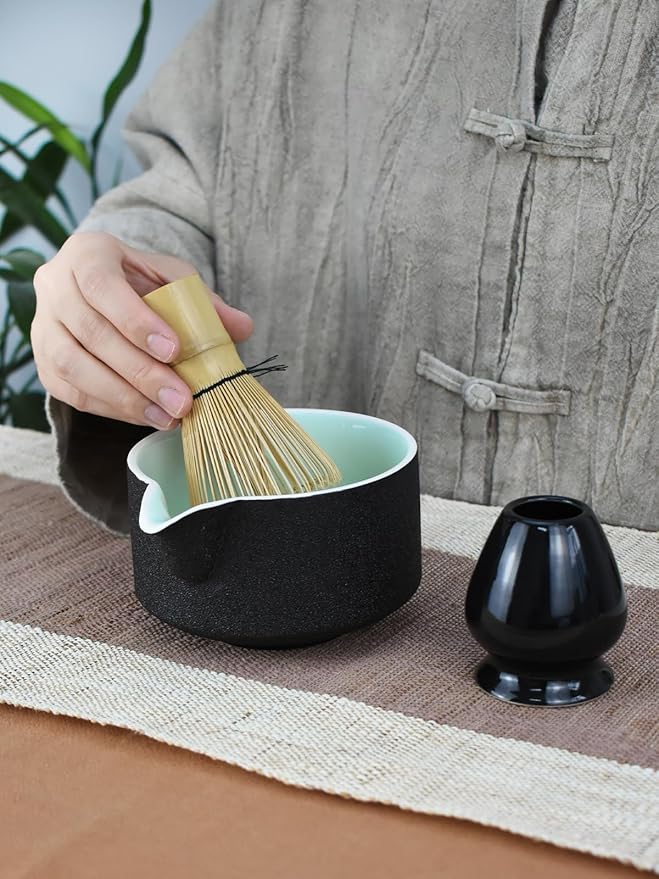 Artcome Premium Matcha Tool Set Black, Includes Matcha Bowl with Spout, Whisk, Holder, Scoop & Manual