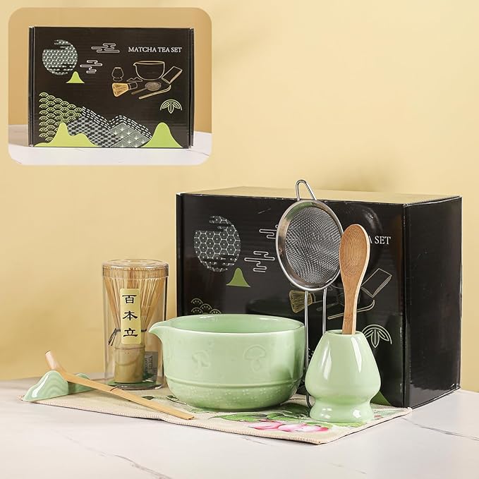 Matcha Set, 8-Piece Ceramic Matcha Bowl & Whisk Kit with Mushroom Pattern, Traditional Japanese Chawan, Bamboo Chasen, Scoop & Sifter, Gift for Tea Lovers, Zen Tea Ceremony Accessories (green)