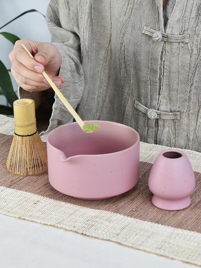 Artcome Matte Pink Matcha Bowl Set with Spout – Handmade Ceramic Chawan, Bamboo Whisk, Whisk Holder, Tea Scoop, and Matcha Manual