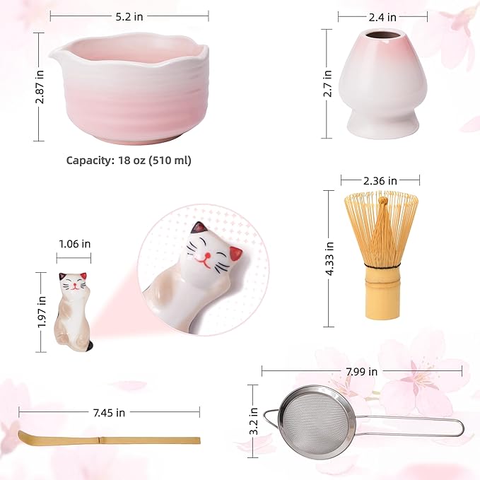 Pink Matcha Kit, 6 Pcs Pink Matcha Whisk Set, Christmas Gift, Matcha Bowl with Spout(18 OZ) & Macha Whisk and Holder, Matcha Bowl and Whisk set