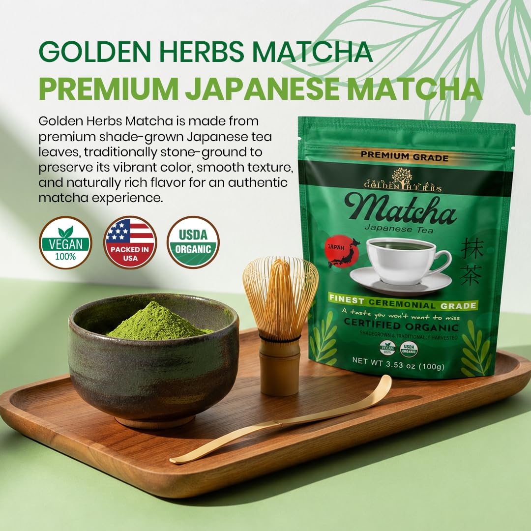 Golden Herbs Matcha Superior Ceremonial Blend Green Tea Powder from Uji, Kyoto, USDA Organic, Gluten-Free Vegan, 100% Pure Unsweetened, No Additivesm, Resealable Freshness Pouch (60 Grams / 2.12 OZ)