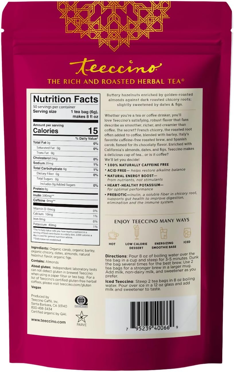 Teeccino Hazelnut Roasted Herbal Tea - Caffeine Free
