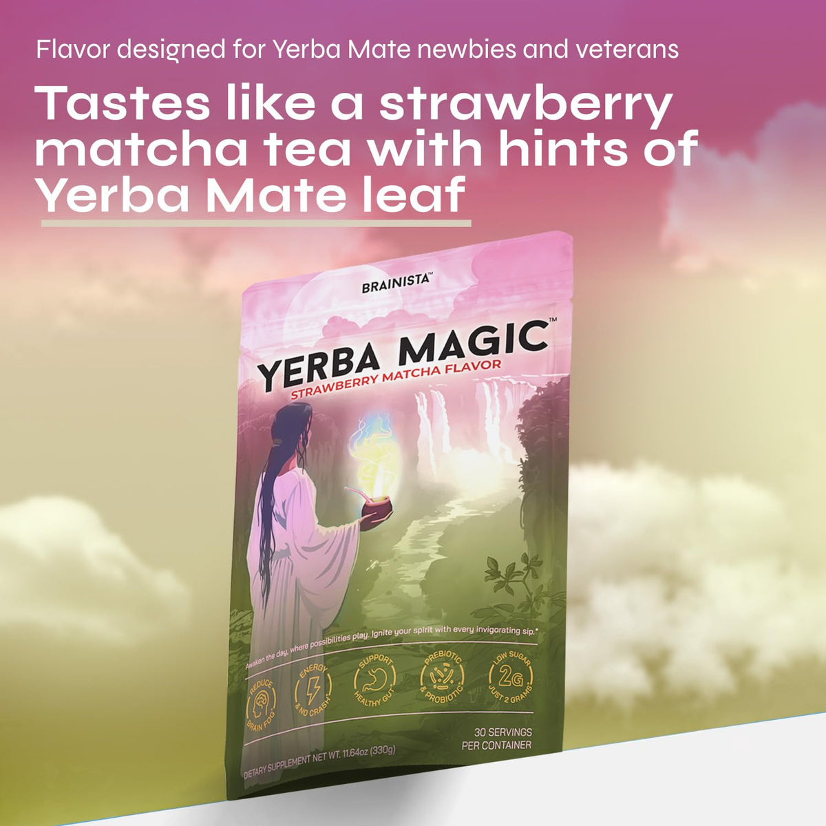 Brainista Yerba Mate Tea Sticks, Instant Tea Packets, Lion's Mane, Strawberry, 20ct