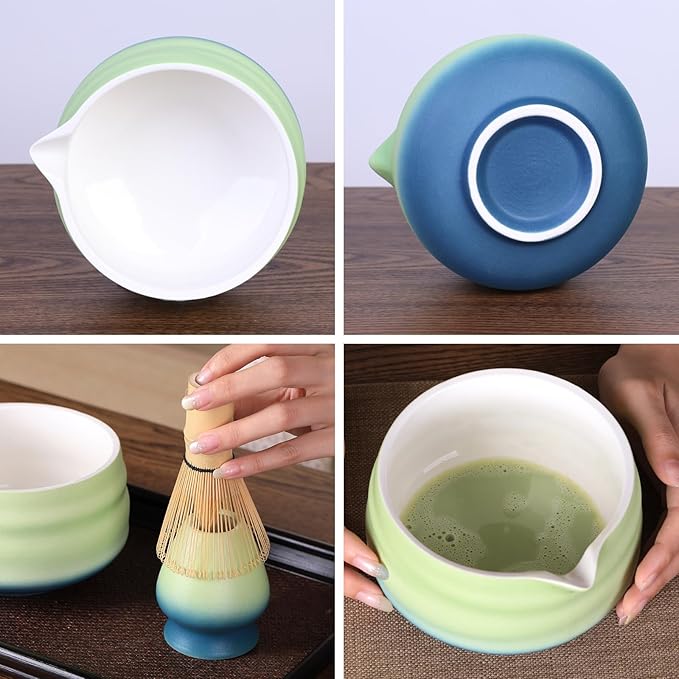 Matcha Bowl and Whisk Set - 7-Piece Kit Bamboo Matcha Whisk (Chasen), Ceramic Chawan, Sifter & Holder - All-in-One Matcha Making Kit Blue Green