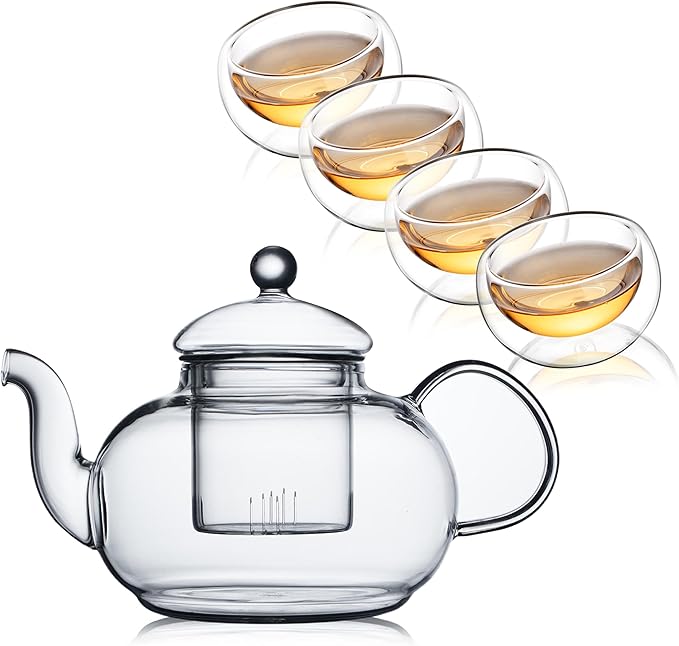 Cnglass Glass Teapot Set,20oz Clear Tea Pot with 4 Double Wall Teacups,Stovetop Safe Tea Kettle,Blooming Loose Leaf Tea Maker Gift