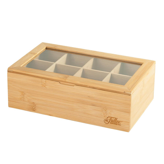 Fuller Bamboo Tea Box Organizer with 8 Compartments – Natural Bamboo Tea Storage Case with Clear Acrylic Lid – Elegant Fuller Tea Caddy for Tea Bags