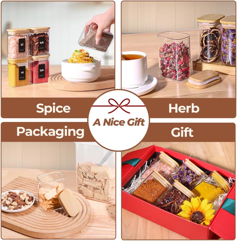 ComSaf Glass Spice Jars 8oz Set of 6, Seasoning Containers with 9 Labels | Small Glass Jars with Labels, Empty Rectangle Canisters, Spice Rack Organization, Loose Tea, Herb, Powder, Dry Good, BPA Free