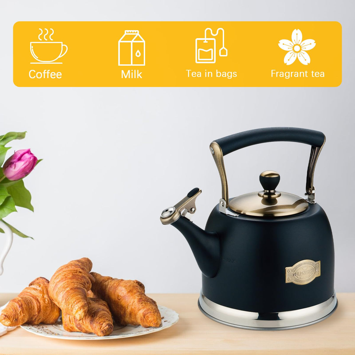 Lazneyru Tea Kettle Stainless Steel Teapot, Stainless Steel Teakettle for Stove Top with Heat Proof Ergonomic Handle 3.0