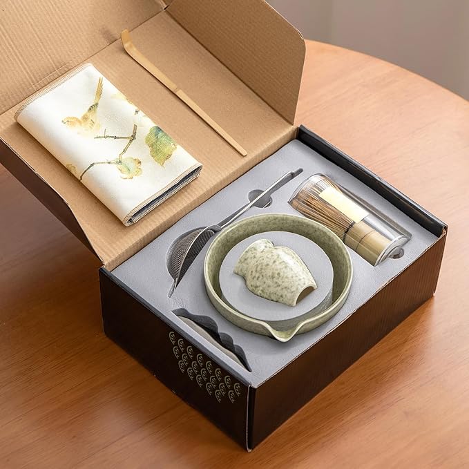 Matcha Whisk Set - 7PCS matcha kit ，Matcha Bowl with Spout, Bamboo Whisk with Ceramic Holder, Macha Scoop and Sifter, Matcha Kit for Ceremony
