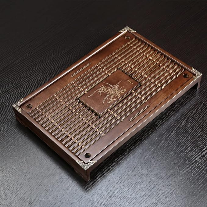 RORA Bamboo Tea Tray Chinese Gongfu Tea Serving Tray with Drawer Type Water Storage Drainage Kungfu Tea Set Table (Brown)