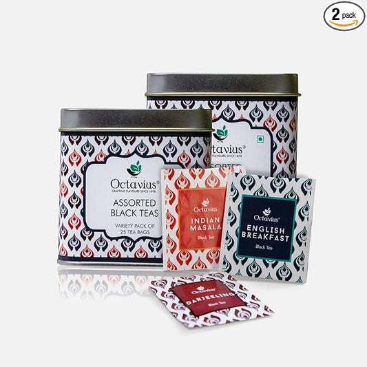Octavius Tea Variety Pack, 3 Assorted Black Teas, 25 Teabags Per Pack, Sampler Tea Pack, Pack of 2, 50 Teabags Total