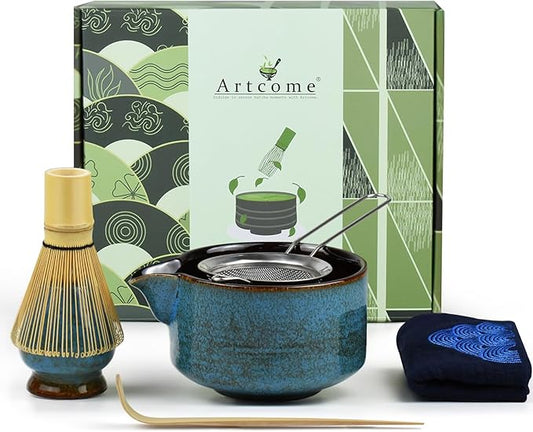 Artcome 7 Pcs Complete Matcha Ceremony Kit for Tea Ceremony, Bowl with Pouring Spout, Whisk, Tea Scoop, Matcha Powder Strainer, Matcha Tea Set For Making Usucha, Koicha and Matcha Latte (Sapphire)