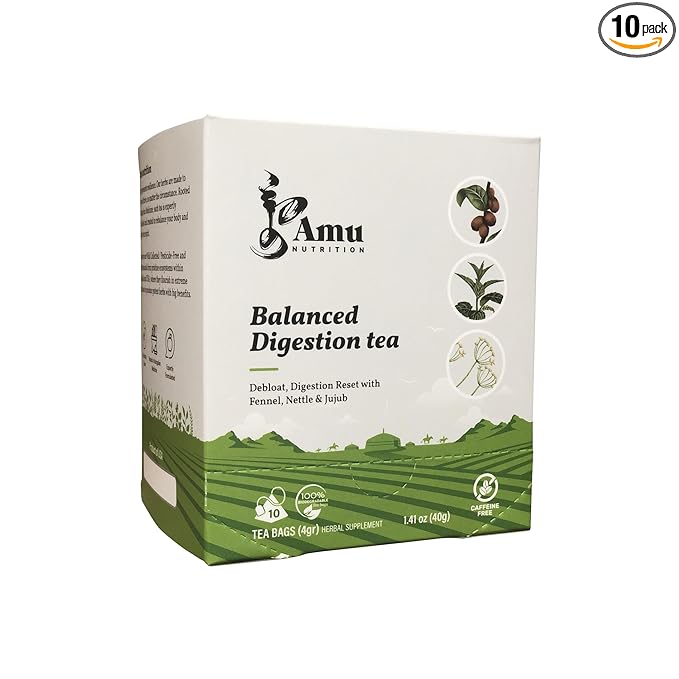 Amu Nutrition's Balanced Digestion Tea with Mongolian Nettle Leaf, Jujube, Fennel - 10 Sugarcane Teabags