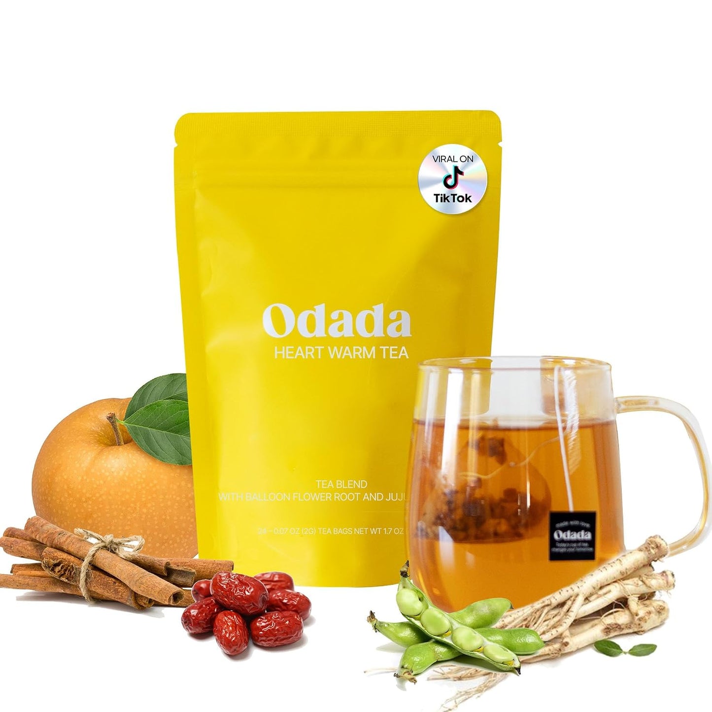 Odada Heart Warm Tea, with Korean Pear &amp; Bellflower Root, Caffeine-Free Herbal Blend for Throat Comfort &amp; Inner Warmth, 24 Count Seasonal Wellness Infusion