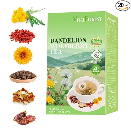 Dandelion Wolfberry Tea Bags – 10g x 20 Bags Liver and Kidney Cleanse Detox & Repair tea, Organic Dandelion Tea with Goji Berry, Chrysanthemum, Cassia Seed, Licorice – Herbal Kidney Detox Tea