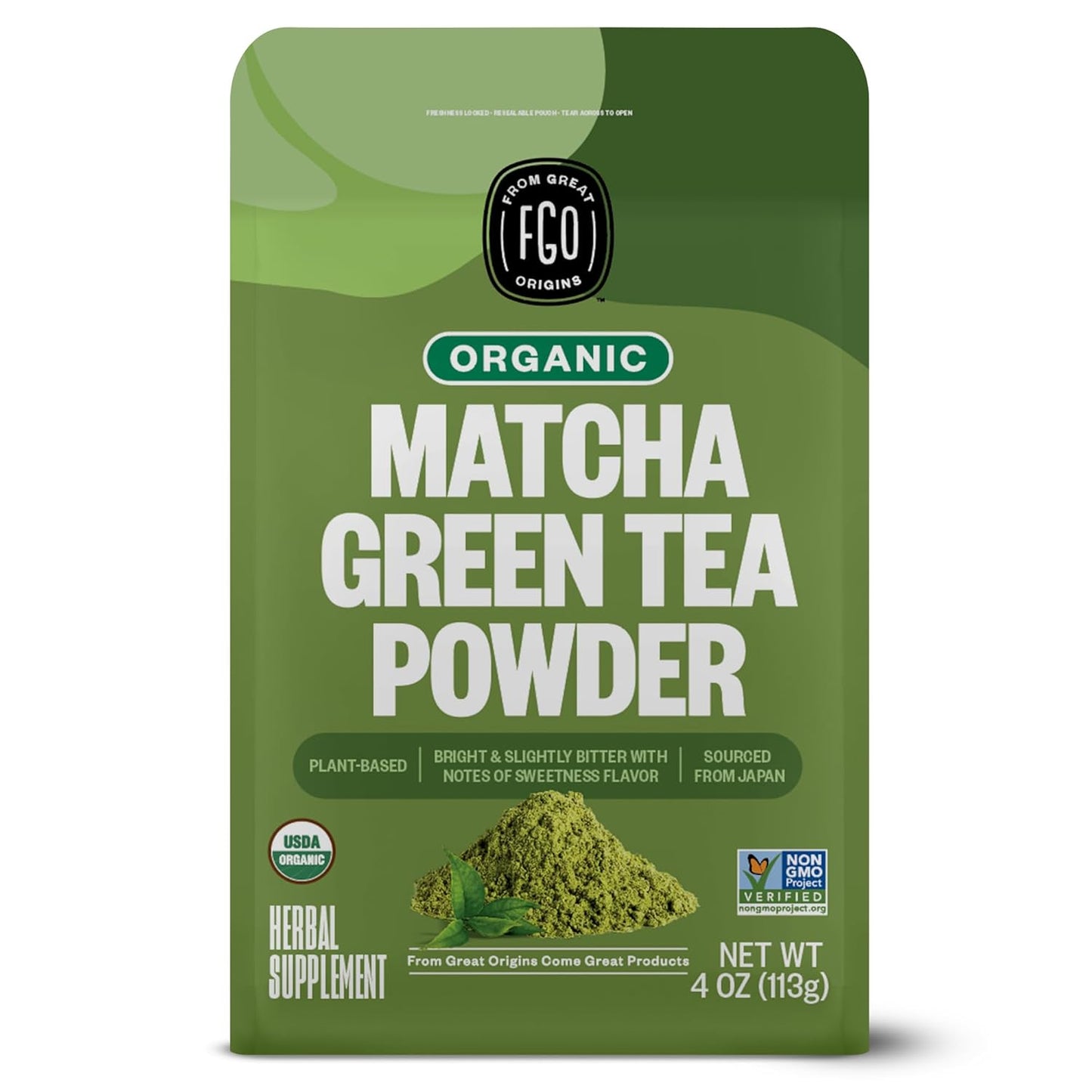 FGO Organic Matcha Green Tea Powder, Japanese Culinary Grade for Cooking, Baking, and Smoothies, 4 Ounce Resealable Bag