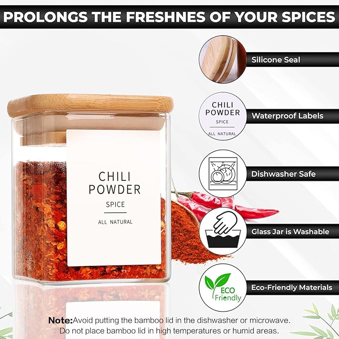 12 Pcs Square Glass Spice Jars with Natural Bamboo Lids - 5oz Airtight Herb Containers with 148 Waterproof Minimalist Spice Labels Preprinted