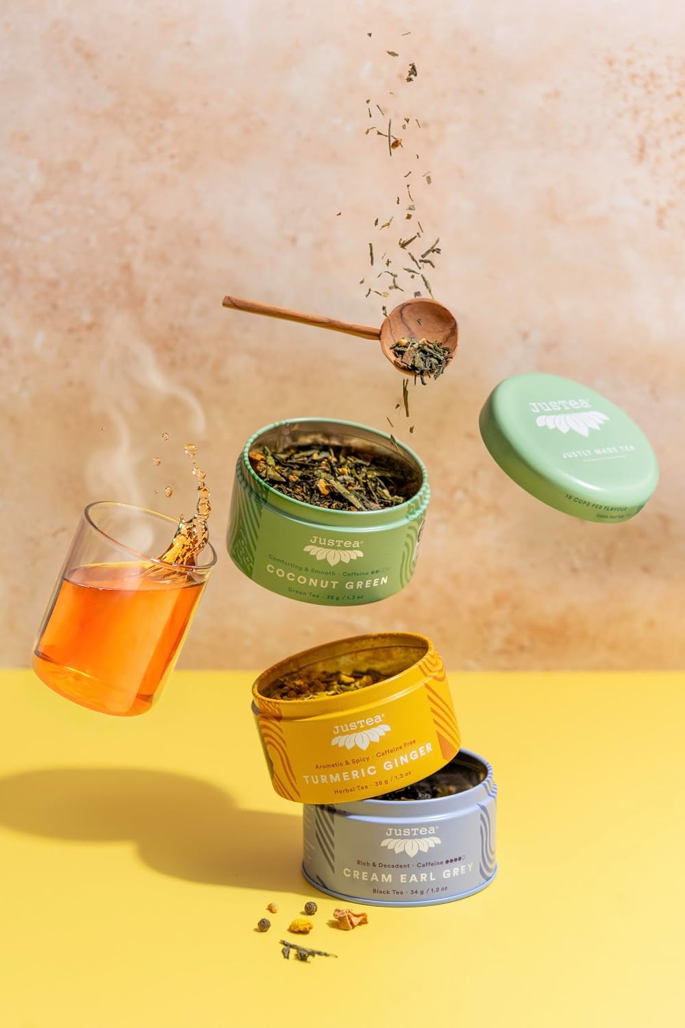 JusTea ASSORTED TEA TRIO 3 Flavour Variety Pack, 45+ Cups Tin with Spoon | Fair-Trade ASSORTED TEA TRIO. 3 Loose Leaf Teas in Stacking Tins with a Hand-carved Tea Spoon, 110g/3.9oz. Variable Caffeine