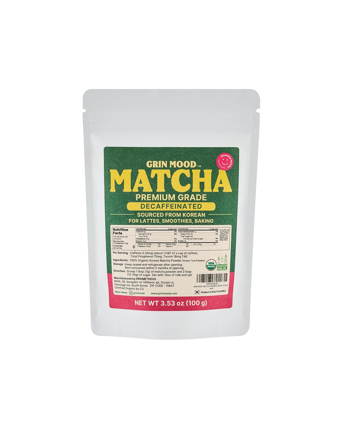 GRIN MOOD Matcha Powder - Organic Green Tea Powder - Decaffeinated Green Tea, Authentic Korean Matcha, Halal (3.53oz, Premium Grade)