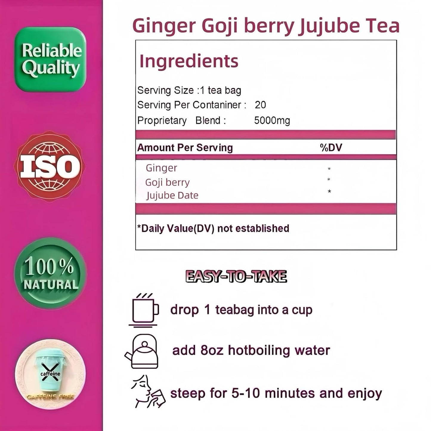 Ginger Goji Berry Jujube Dates Tea,Traditional Chinese Herbal Tea,Sweet & Spicy,Tea Gift for Women,No Additives, Caffeine Free,Organic,Non-GMO,20 Tea Bags(100g)
