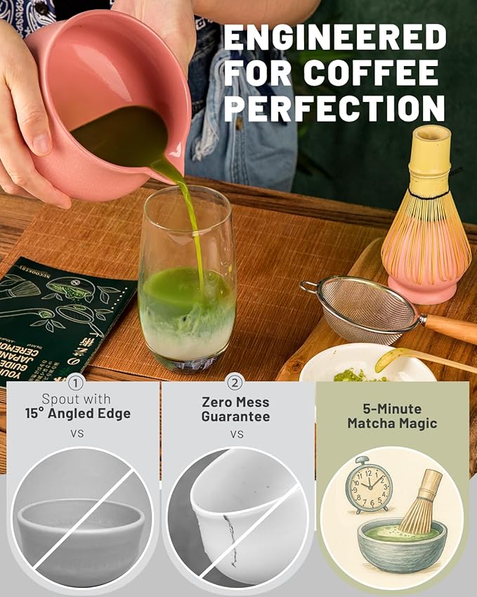 Nucookery Matcha Whisk Set - 5 Pcs Matcha Set with 18oz Ceramic Matcha Bowl (Chawan) with Spout, Bamboo Whisk & Holder, Scoop and Sifter